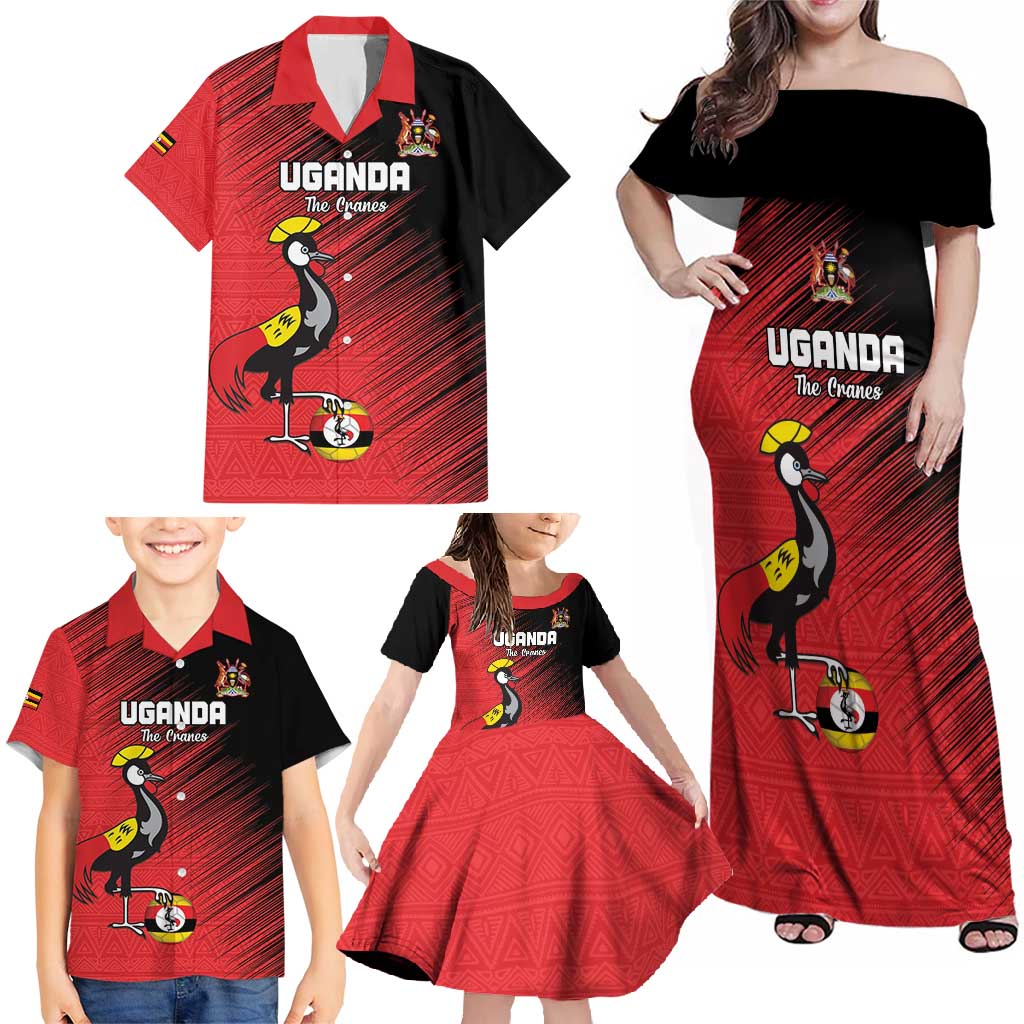 Custom Uganda Football Family Matching Off Shoulder Maxi Dress and Hawaiian Shirt Black Crowned Crane Mix Grunge Style - Red Color