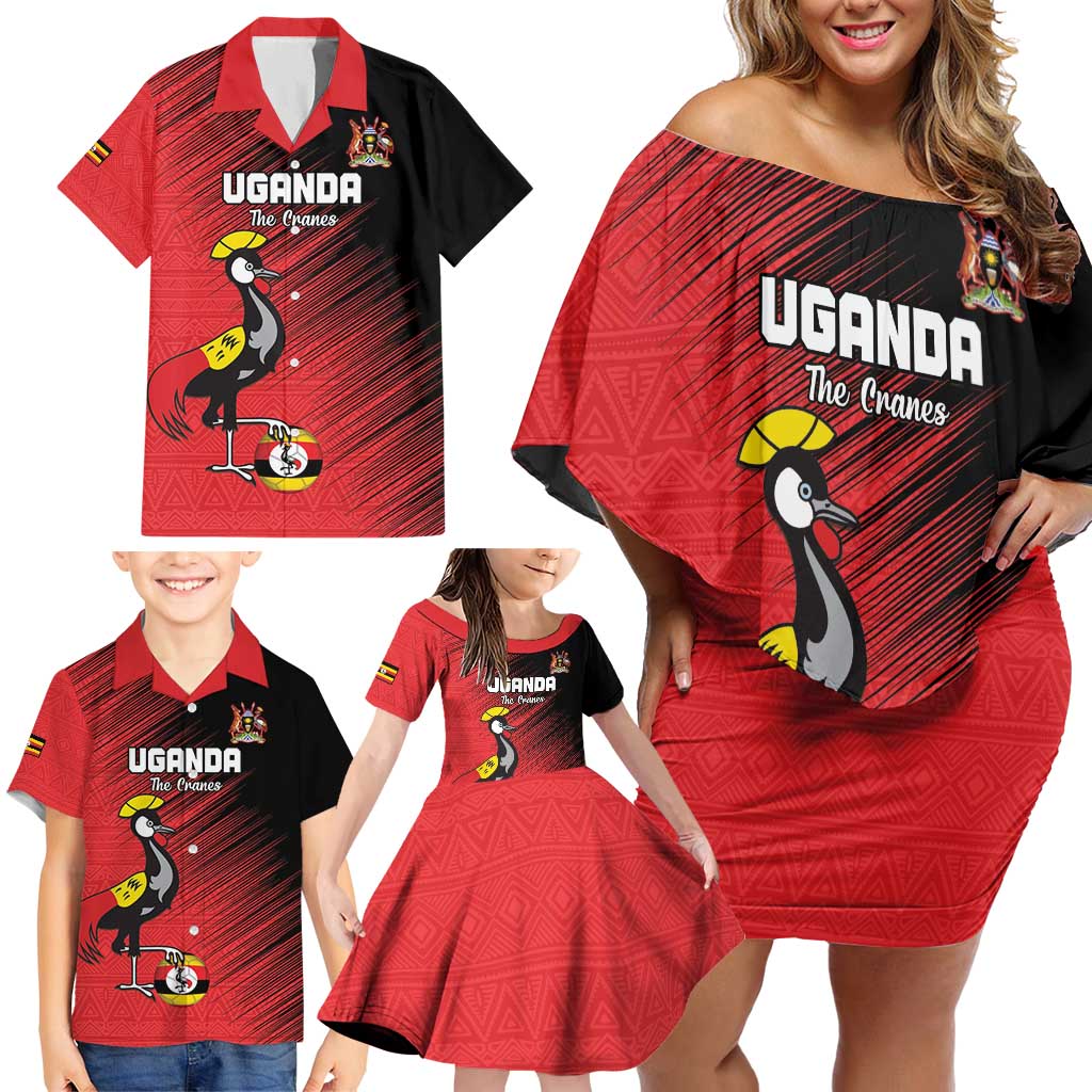 Custom Uganda Football Family Matching Off Shoulder Short Dress and Hawaiian Shirt Black Crowned Crane Mix Grunge Style - Red Color