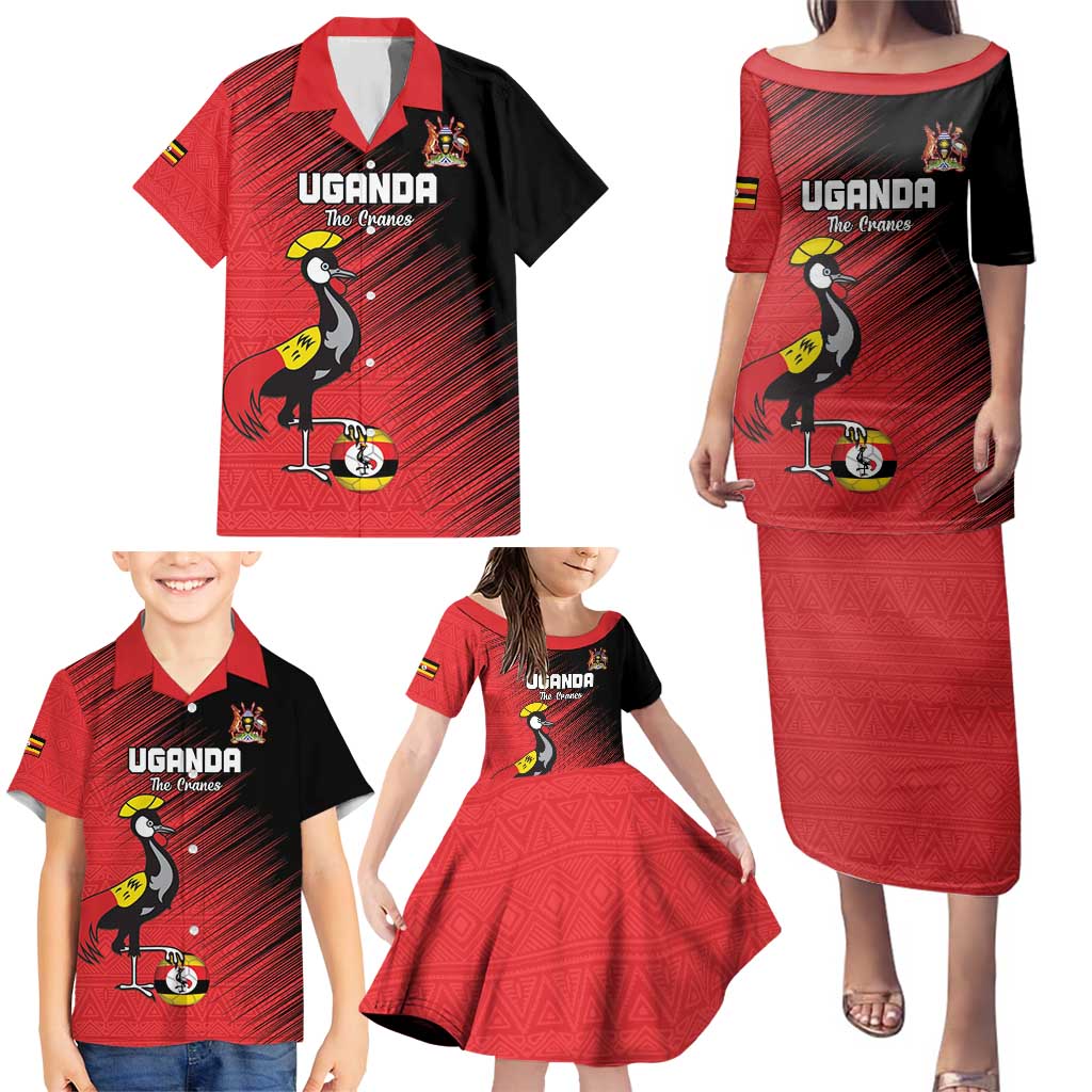 Custom Uganda Football Family Matching Puletasi and Hawaiian Shirt Black Crowned Crane Mix Grunge Style - Red Color