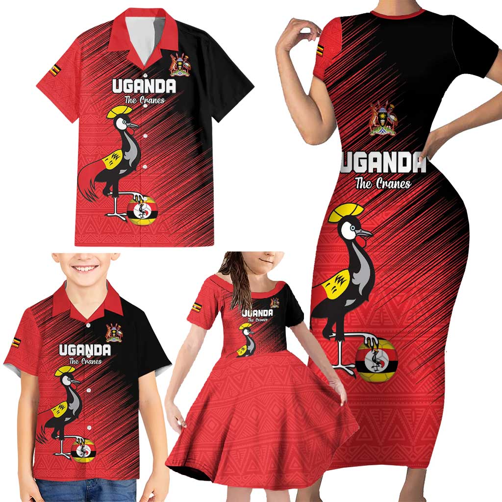 Custom Uganda Football Family Matching Short Sleeve Bodycon Dress and Hawaiian Shirt Black Crowned Crane Mix Grunge Style - Red Color