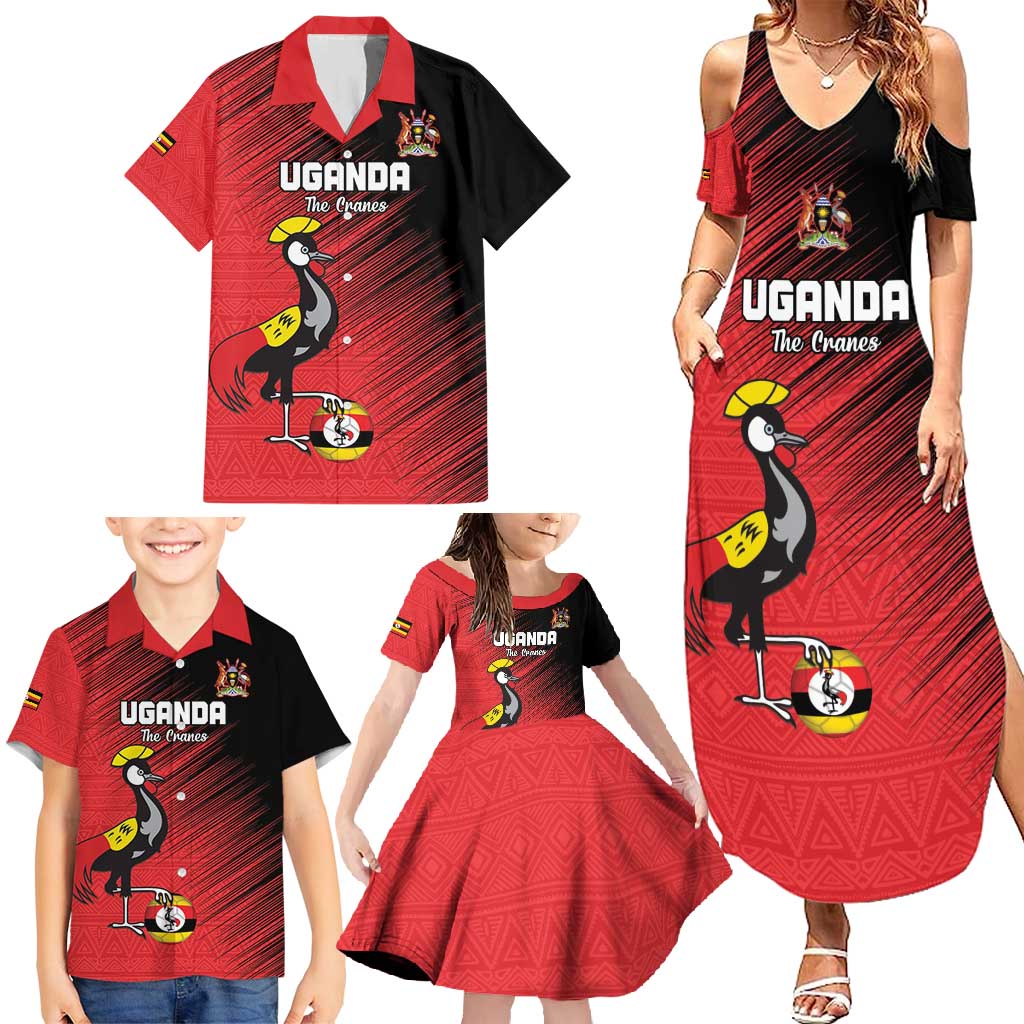 Custom Uganda Football Family Matching Summer Maxi Dress and Hawaiian Shirt Black Crowned Crane Mix Grunge Style - Red Color