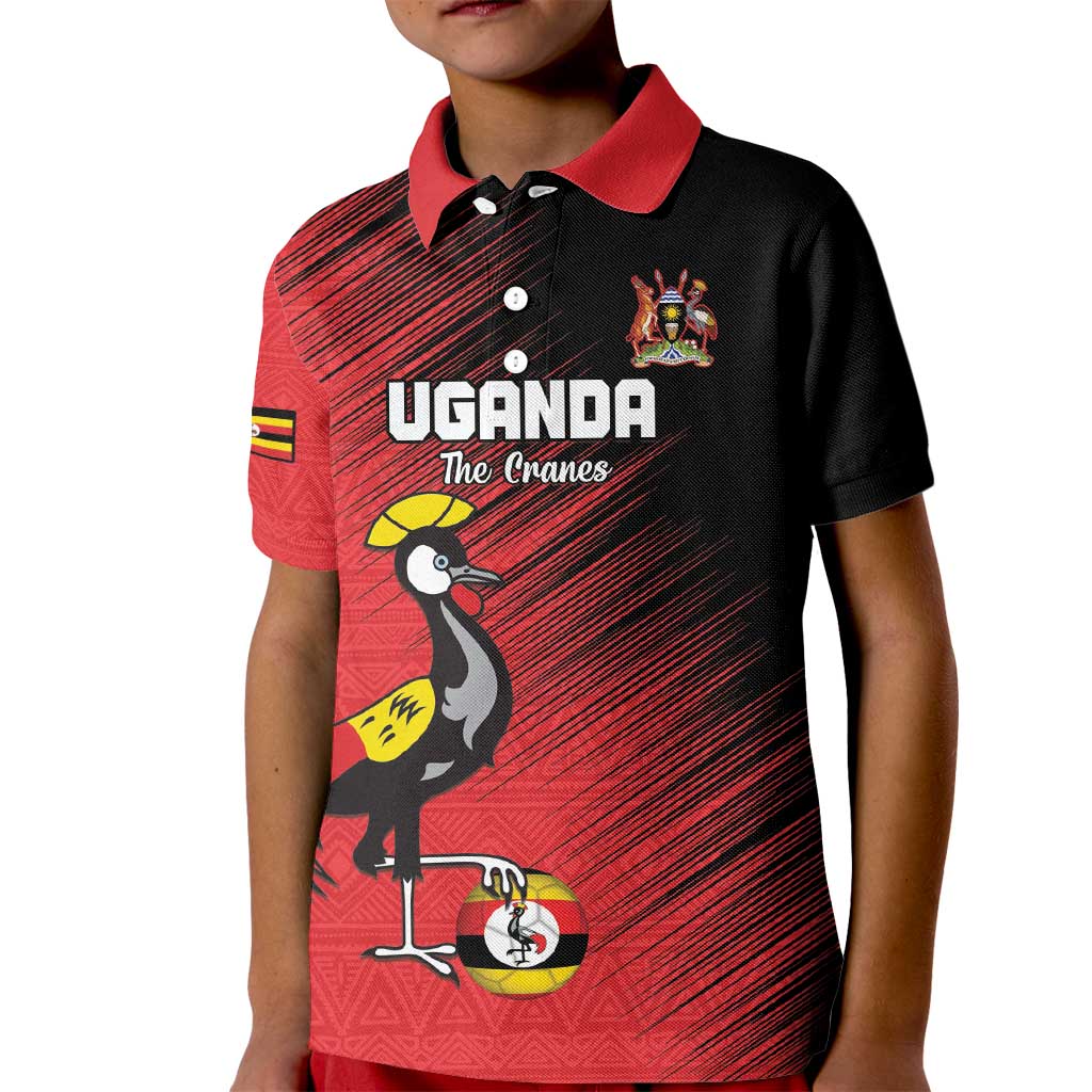 Custom Uganda Football Kid Polo Shirt Black Crowned Crane Mix Grunge Style - Red Color