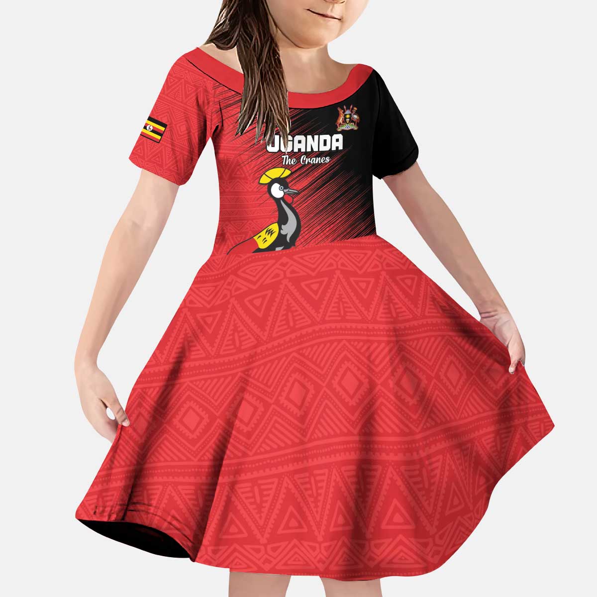 Custom Uganda Football Kid Short Sleeve Dress Black Crowned Crane Mix Grunge Style - Red Color