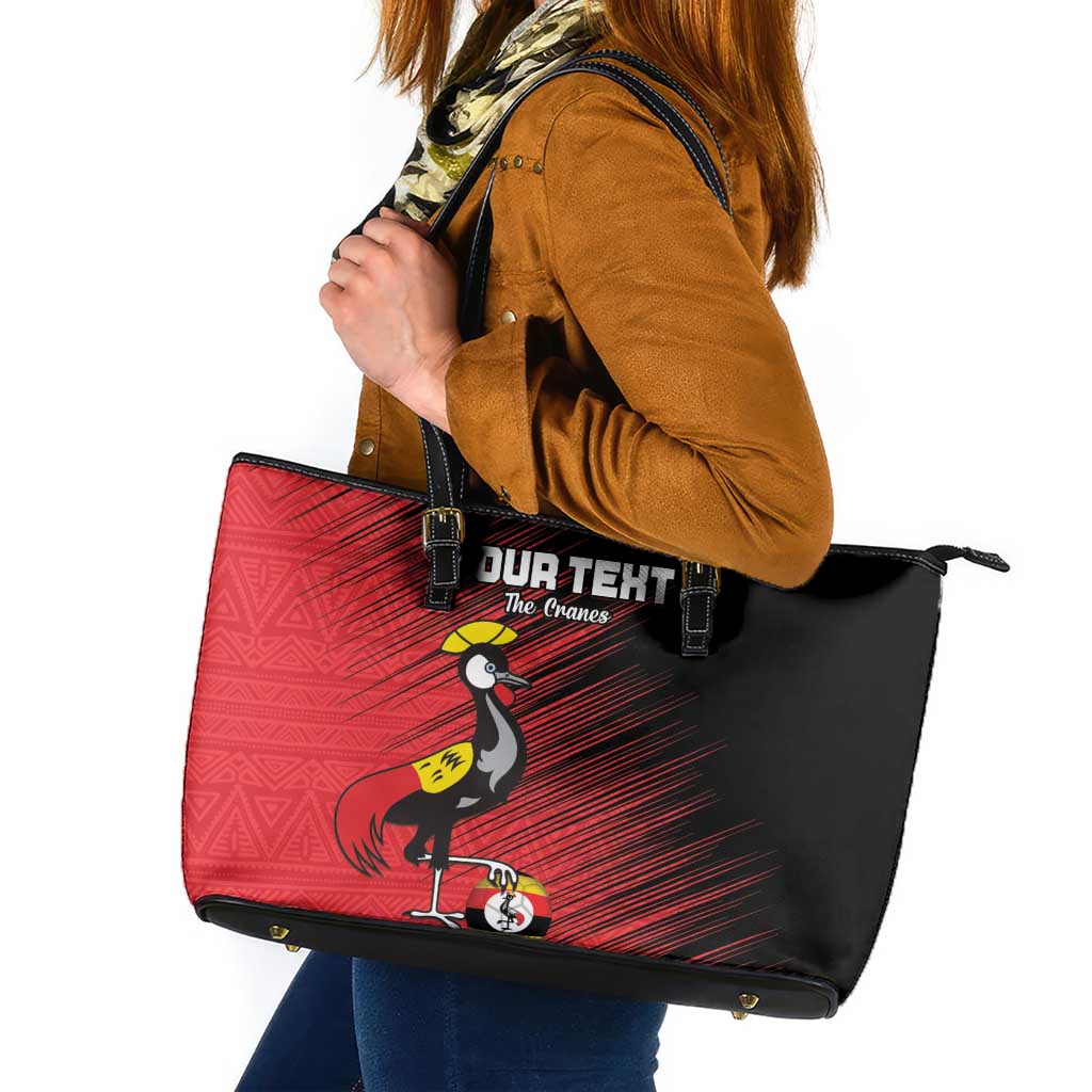 Custom Uganda Football Leather Tote Bag Black Crowned Crane Mix Grunge Style - Red Color