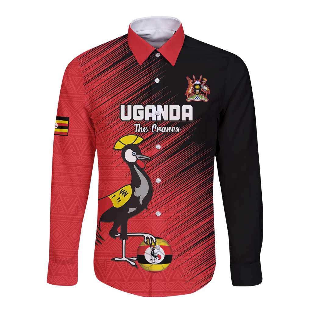 Custom Uganda Football Long Sleeve Button Shirt Black Crowned Crane Mix Grunge Style - Red Color