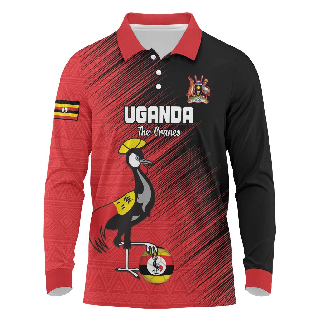 Custom Uganda Football Long Sleeve Polo Shirt Black Crowned Crane Mix Grunge Style - Red Color