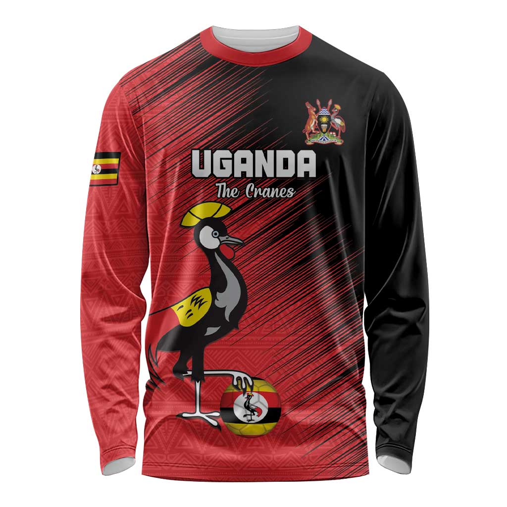 Custom Uganda Football Long Sleeve Shirt Black Crowned Crane Mix Grunge Style - Red Color