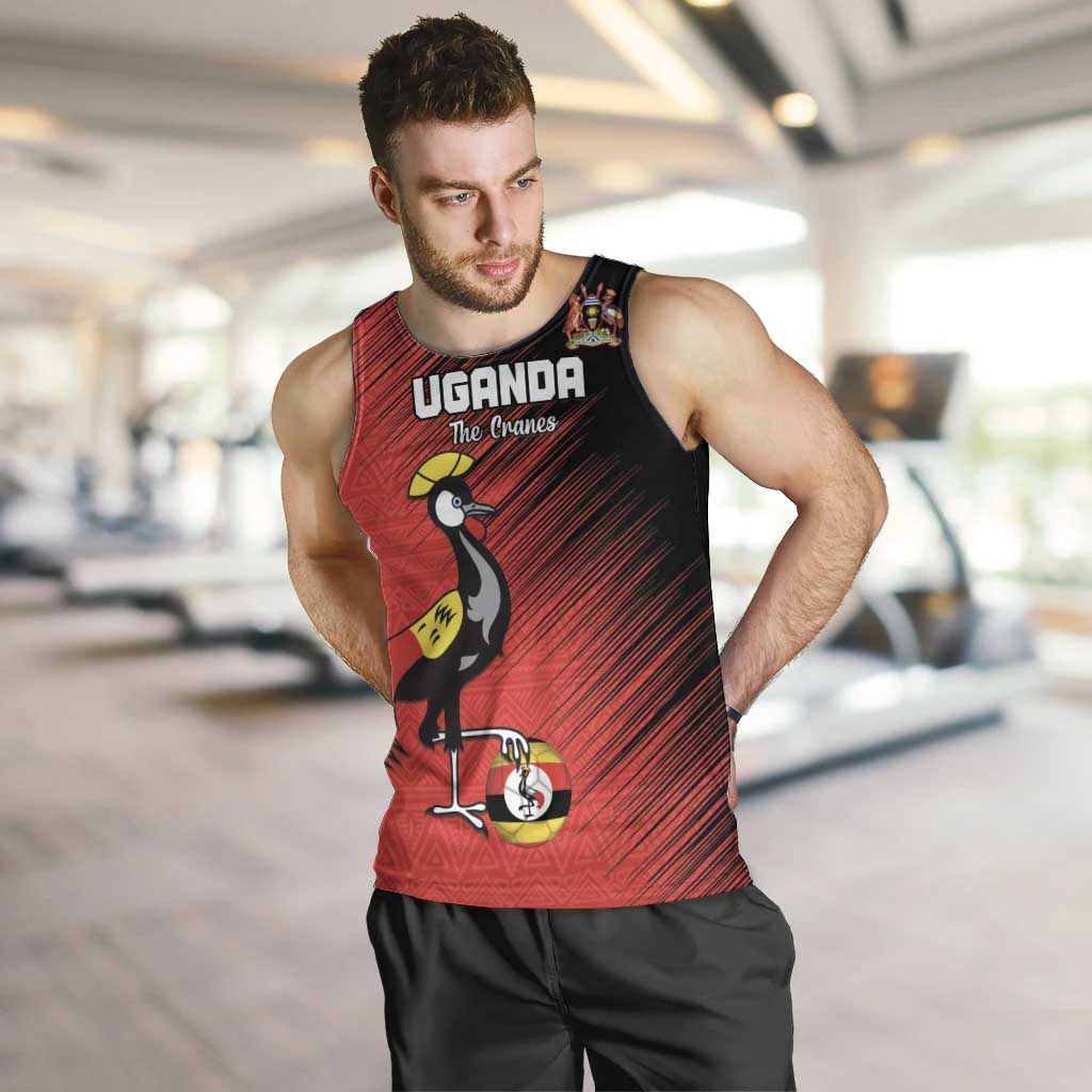 Custom Uganda Football Men Tank Top Black Crowned Crane Mix Grunge Style - Red Color