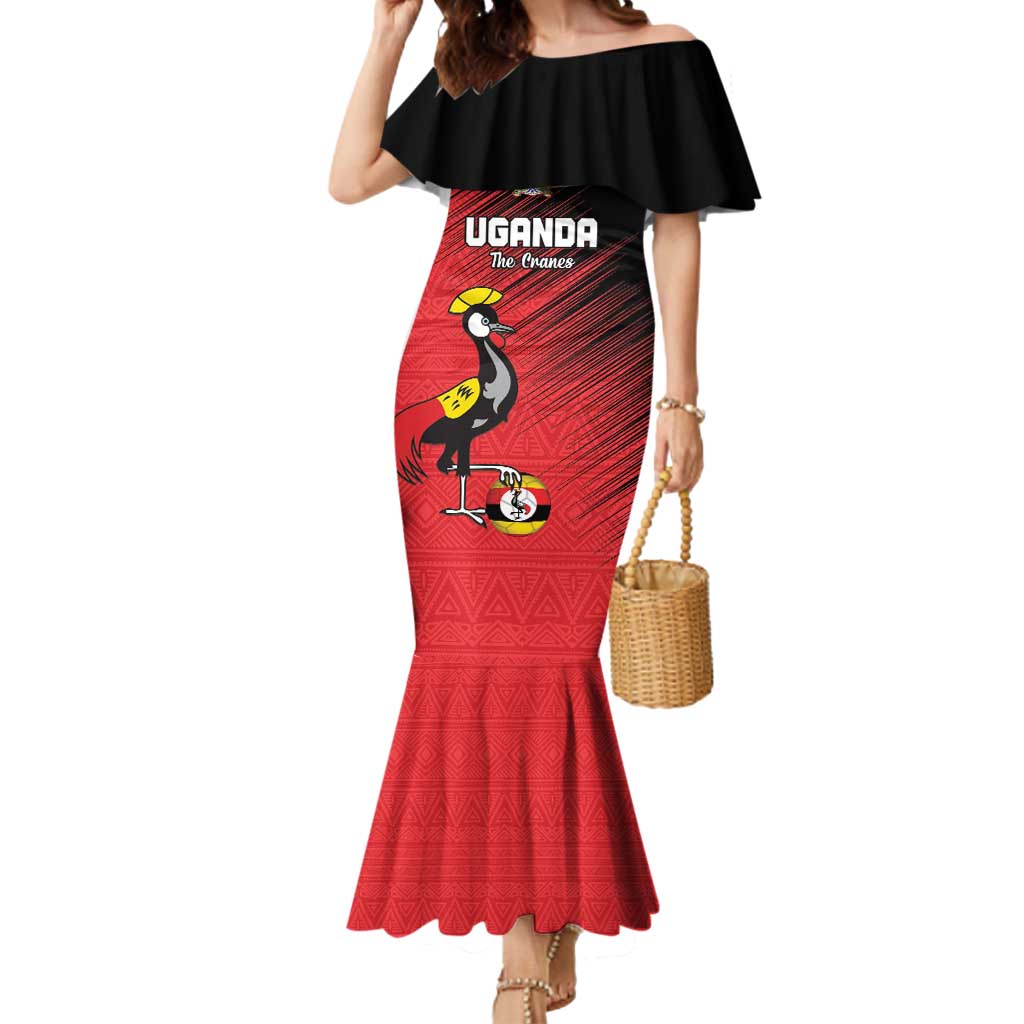 Custom Uganda Football Mermaid Dress Black Crowned Crane Mix Grunge Style - Red Color