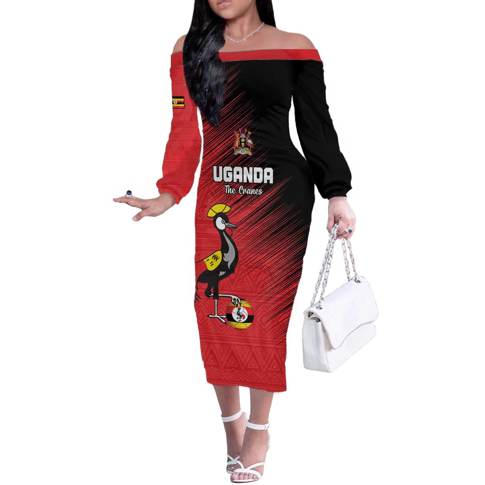 Custom Uganda Football Off The Shoulder Long Sleeve Dress Black Crowned Crane Mix Grunge Style - Red Color