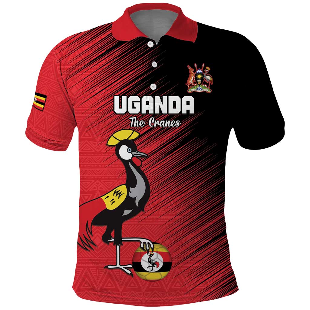 Custom Uganda Football Polo Shirt Black Crowned Crane Mix Grunge Style - Red Color