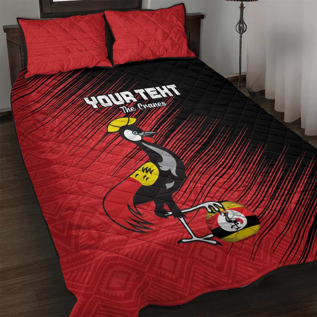 Custom Uganda Football Quilt Bed Set Black Crowned Crane Mix Grunge Style - Red Color