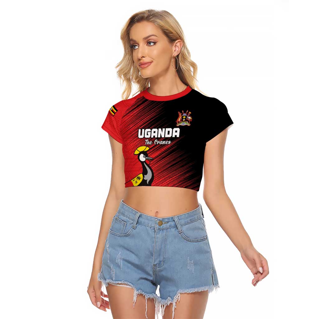 Custom Uganda Football Raglan Cropped T Shirt Black Crowned Crane Mix Grunge Style - Red Color