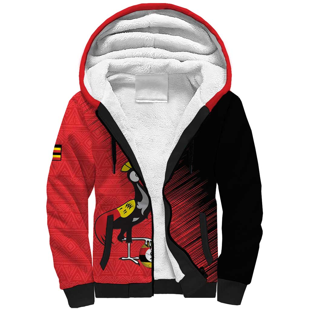 Custom Uganda Football Sherpa Hoodie Black Crowned Crane Mix Grunge Style - Red Color