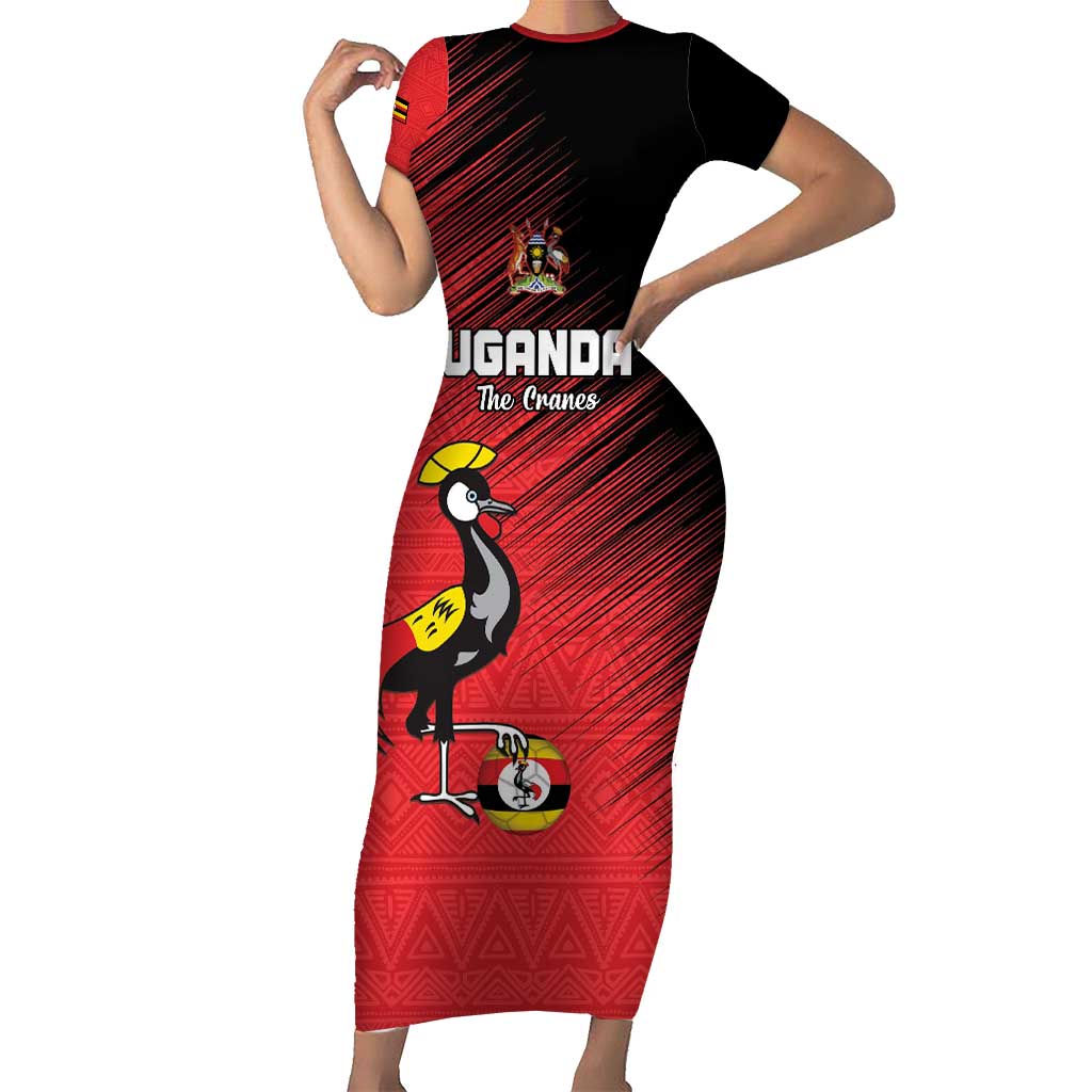 Custom Uganda Football Short Sleeve Bodycon Dress Black Crowned Crane Mix Grunge Style - Red Color