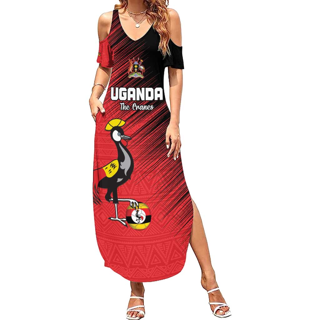 Custom Uganda Football Summer Maxi Dress Black Crowned Crane Mix Grunge Style - Red Color