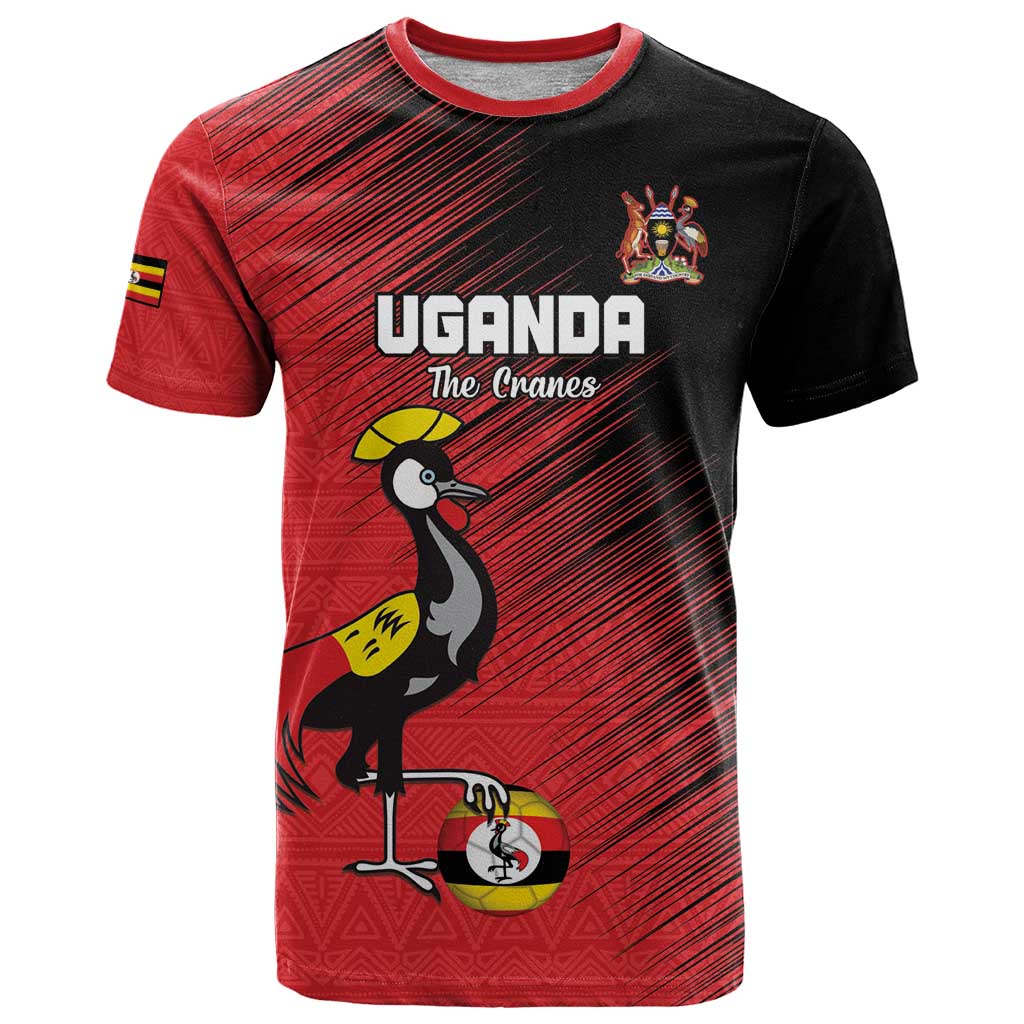 Custom Uganda Football T Shirt Black Crowned Crane Mix Grunge Style - Red Color