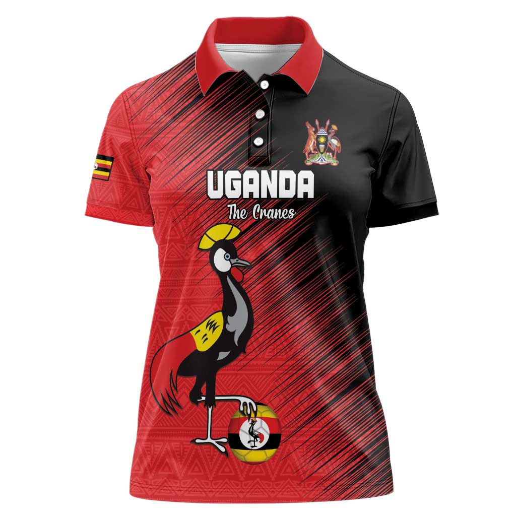 Custom Uganda Football Women Polo Shirt Black Crowned Crane Mix Grunge Style - Red Color