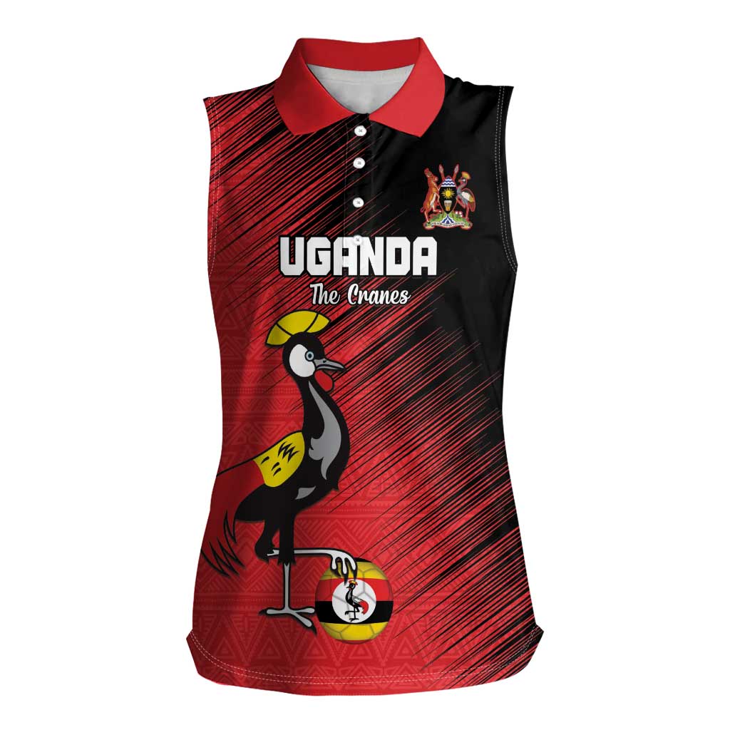 Custom Uganda Football Women Sleeveless Polo Shirt Black Crowned Crane Mix Grunge Style - Red Color