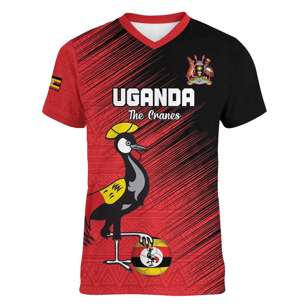 Custom Uganda Football Women V-Neck T-Shirt Black Crowned Crane Mix Grunge Style - Red Color