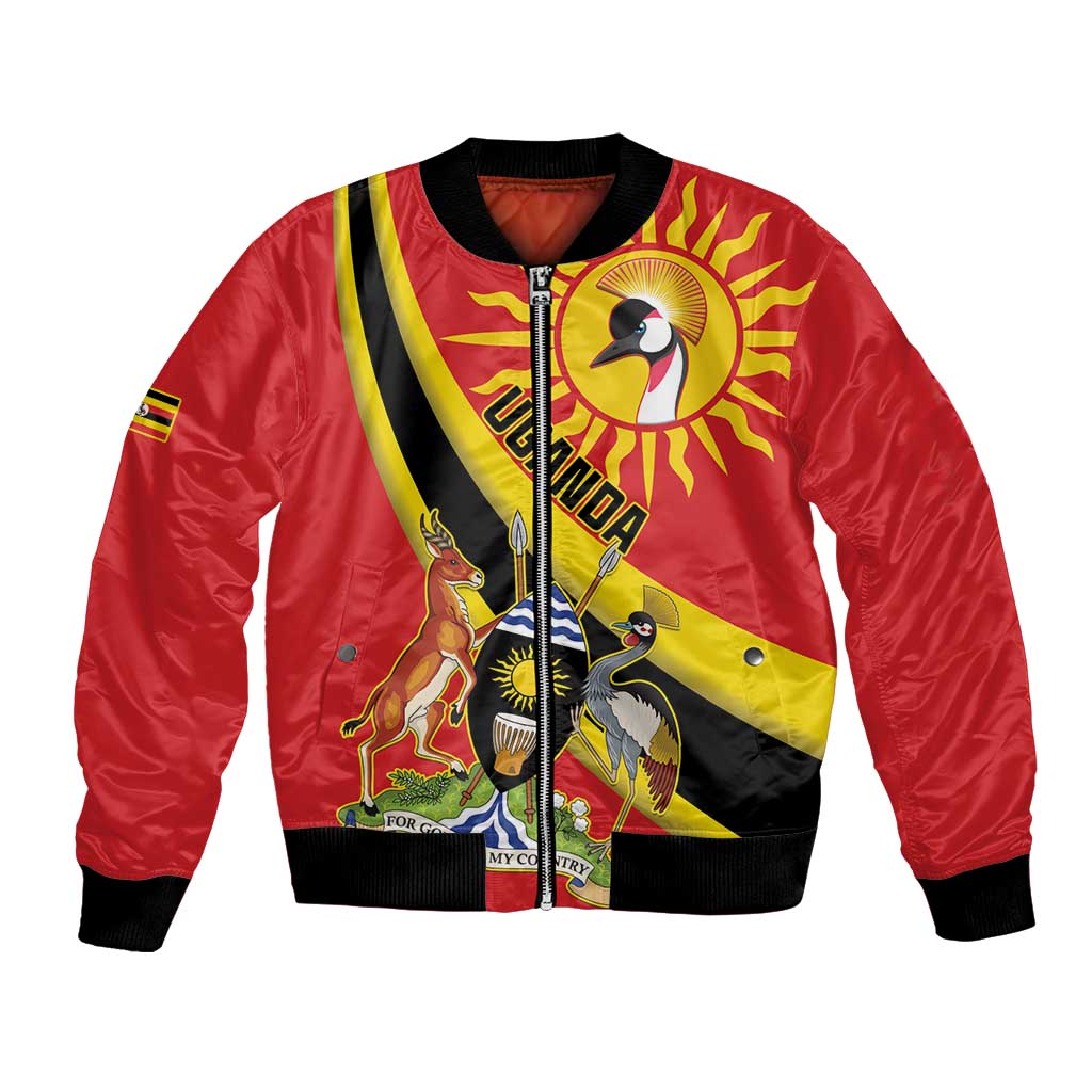 Personalized Uganda Bomber Jacket Black Crowned Crane With Coat Of Arms