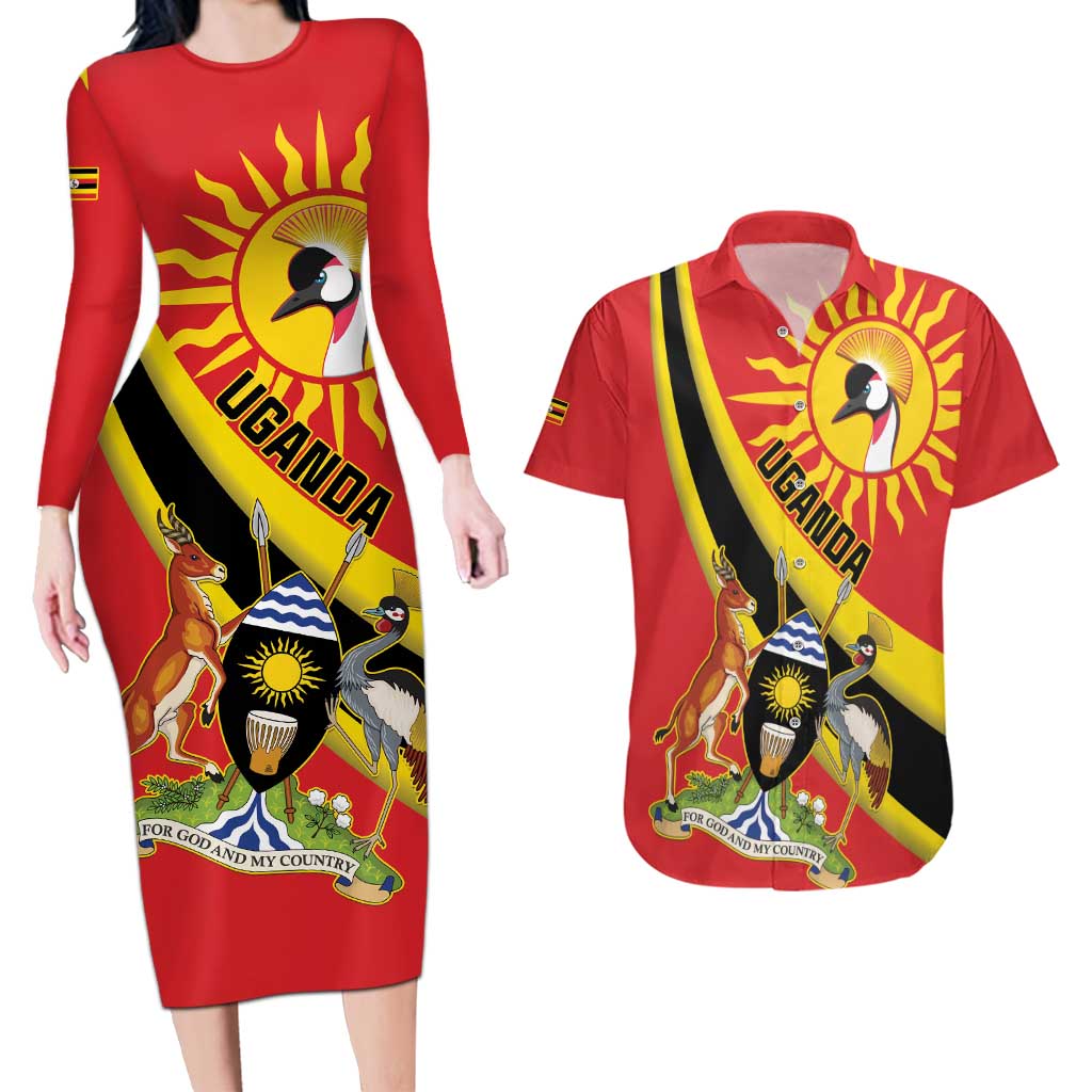 Personalized Uganda Couples Matching Long Sleeve Bodycon Dress and Hawaiian Shirt Black Crowned Crane With Coat Of Arms