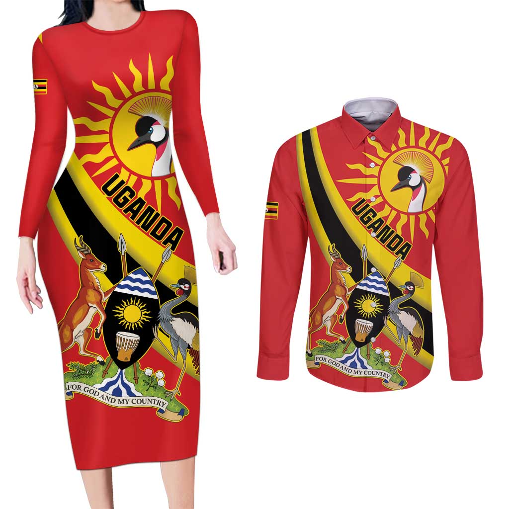 Personalized Uganda Couples Matching Long Sleeve Bodycon Dress and Long Sleeve Button Shirt Black Crowned Crane With Coat Of Arms