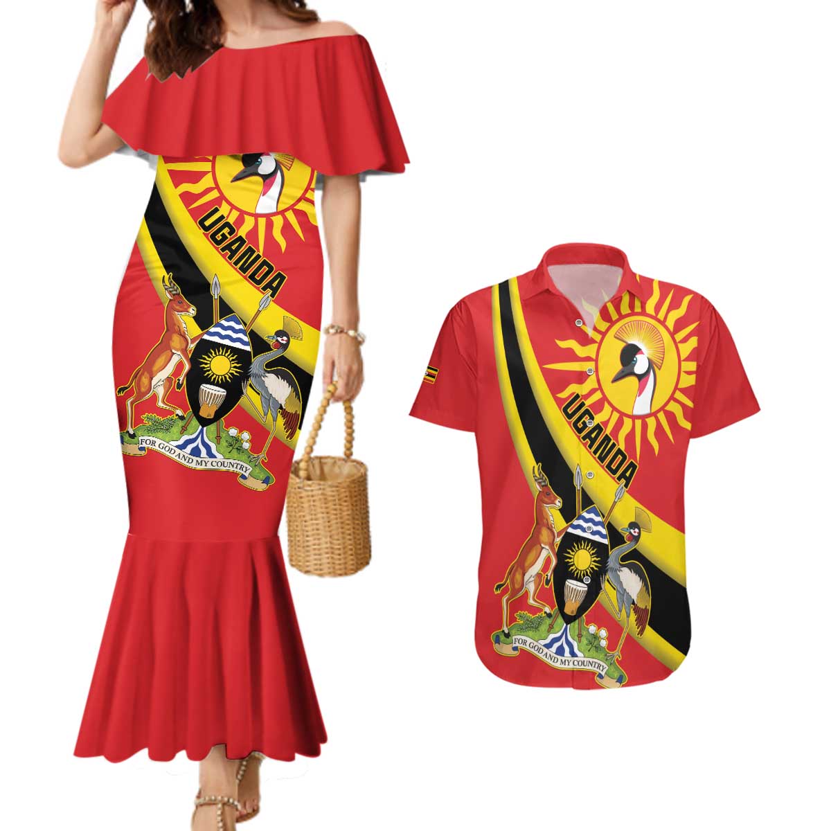 Personalized Uganda Couples Matching Mermaid Dress and Hawaiian Shirt Black Crowned Crane With Coat Of Arms