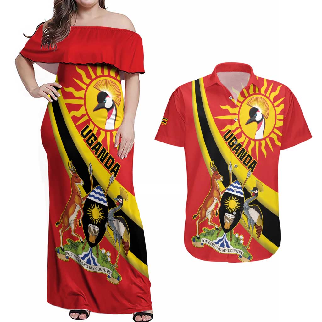 Personalized Uganda Couples Matching Off Shoulder Maxi Dress and Hawaiian Shirt Black Crowned Crane With Coat Of Arms