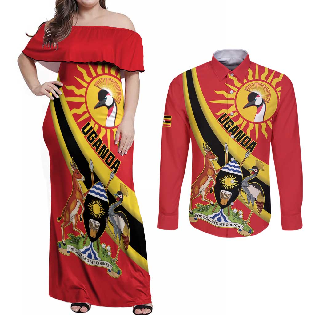 Personalized Uganda Couples Matching Off Shoulder Maxi Dress and Long Sleeve Button Shirt Black Crowned Crane With Coat Of Arms