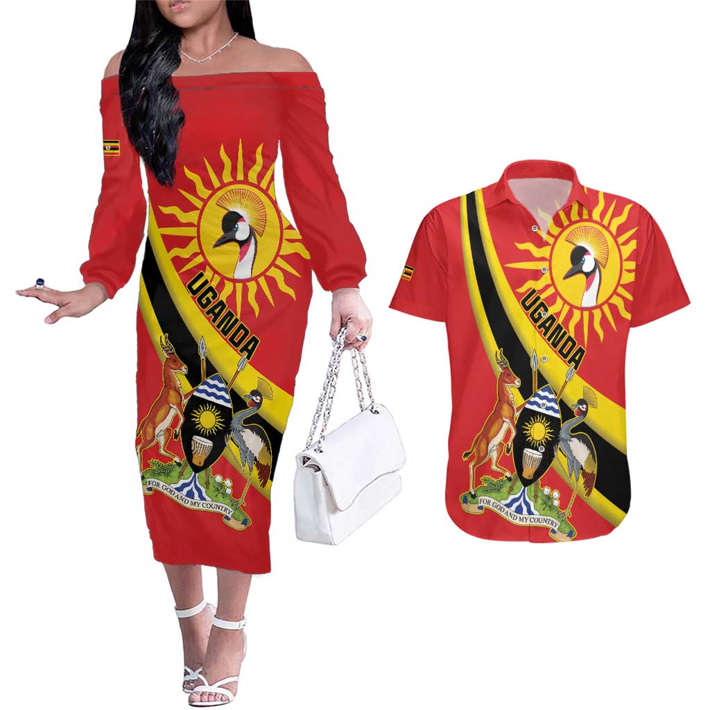 Personalized Uganda Couples Matching Off The Shoulder Long Sleeve Dress and Hawaiian Shirt Black Crowned Crane With Coat Of Arms