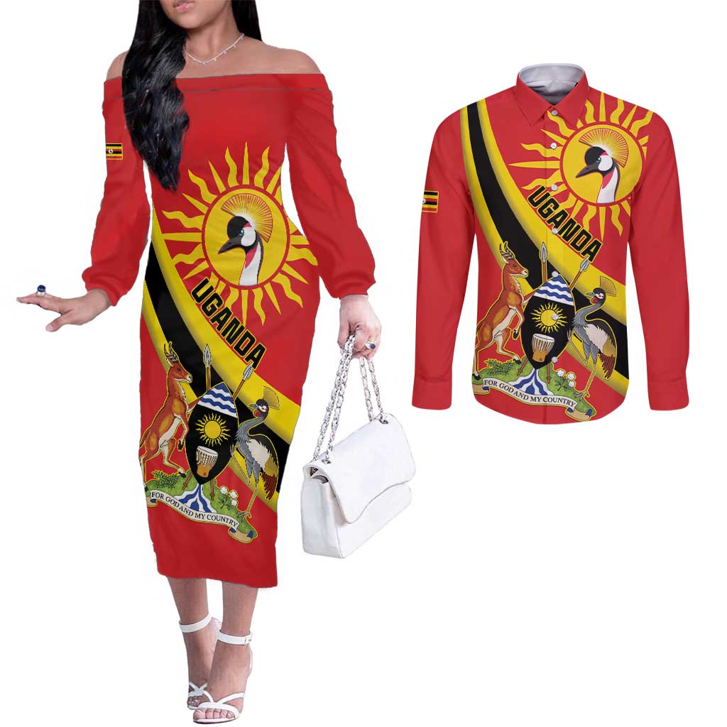 Personalized Uganda Couples Matching Off The Shoulder Long Sleeve Dress and Long Sleeve Button Shirt Black Crowned Crane With Coat Of Arms