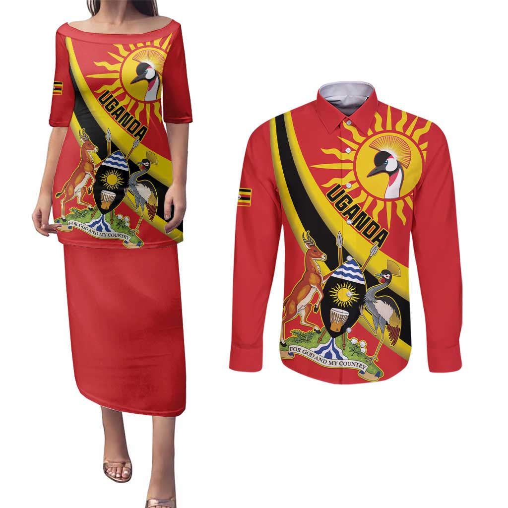 Personalized Uganda Couples Matching Puletasi and Long Sleeve Button Shirt Black Crowned Crane With Coat Of Arms