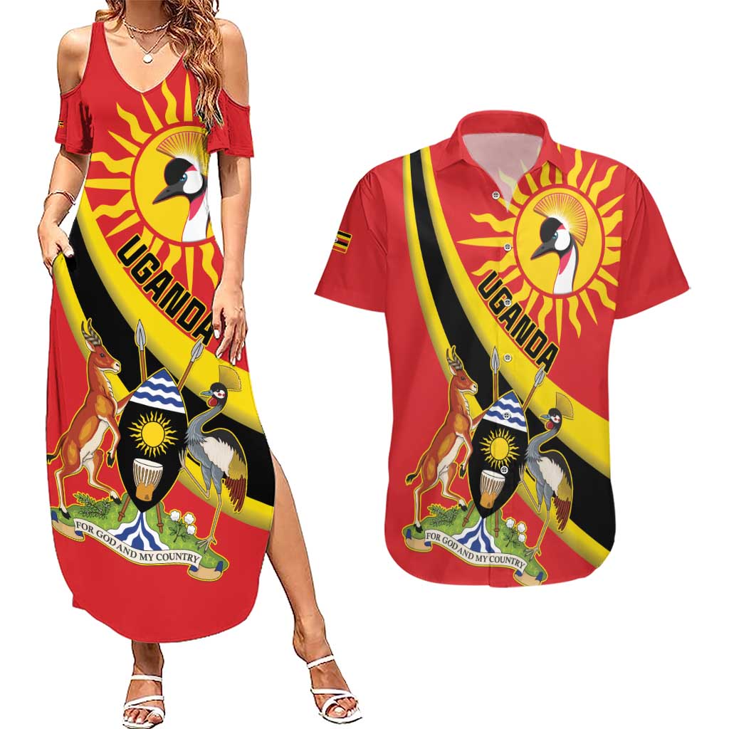 Personalized Uganda Couples Matching Summer Maxi Dress and Hawaiian Shirt Black Crowned Crane With Coat Of Arms