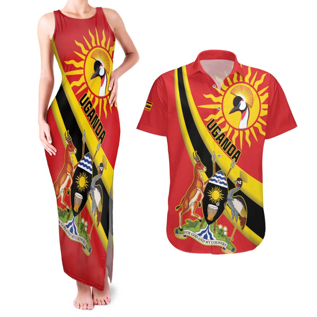 Personalized Uganda Couples Matching Tank Maxi Dress and Hawaiian Shirt Black Crowned Crane With Coat Of Arms