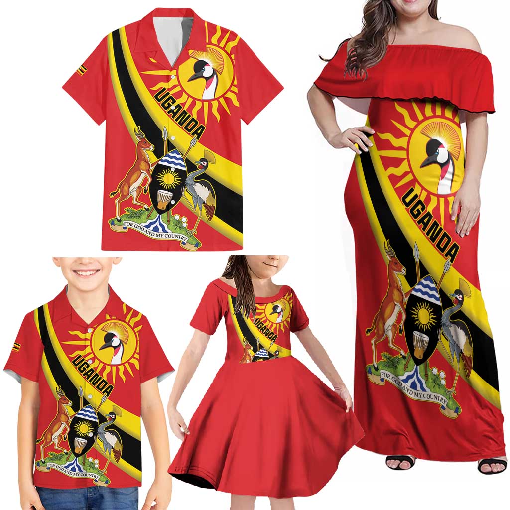 Personalized Uganda Family Matching Off Shoulder Maxi Dress and Hawaiian Shirt Black Crowned Crane With Coat Of Arms