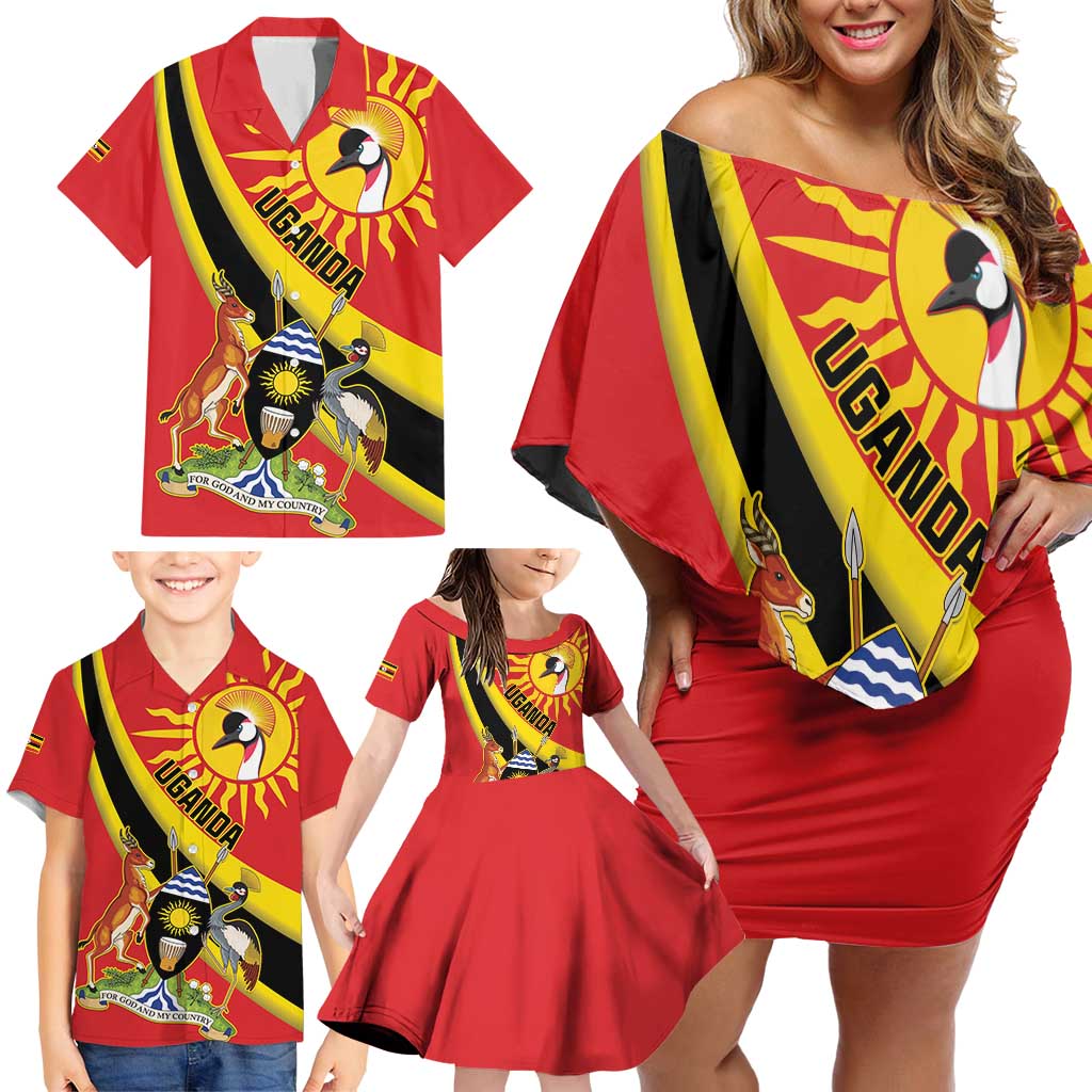 Personalized Uganda Family Matching Off Shoulder Short Dress and Hawaiian Shirt Black Crowned Crane With Coat Of Arms