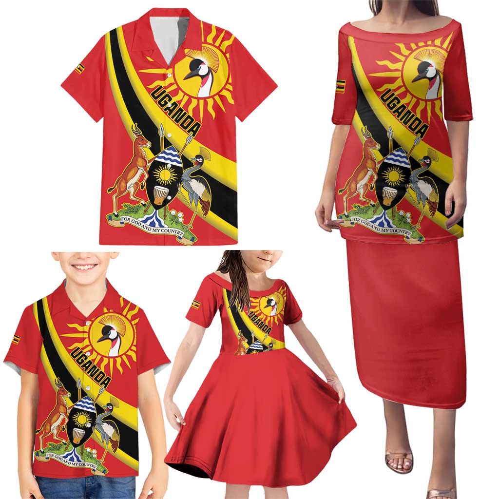 Personalized Uganda Family Matching Puletasi and Hawaiian Shirt Black Crowned Crane With Coat Of Arms