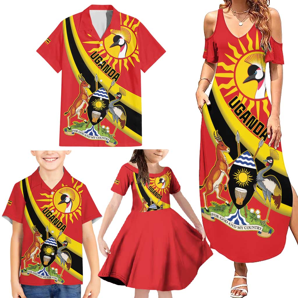 Personalized Uganda Family Matching Summer Maxi Dress and Hawaiian Shirt Black Crowned Crane With Coat Of Arms