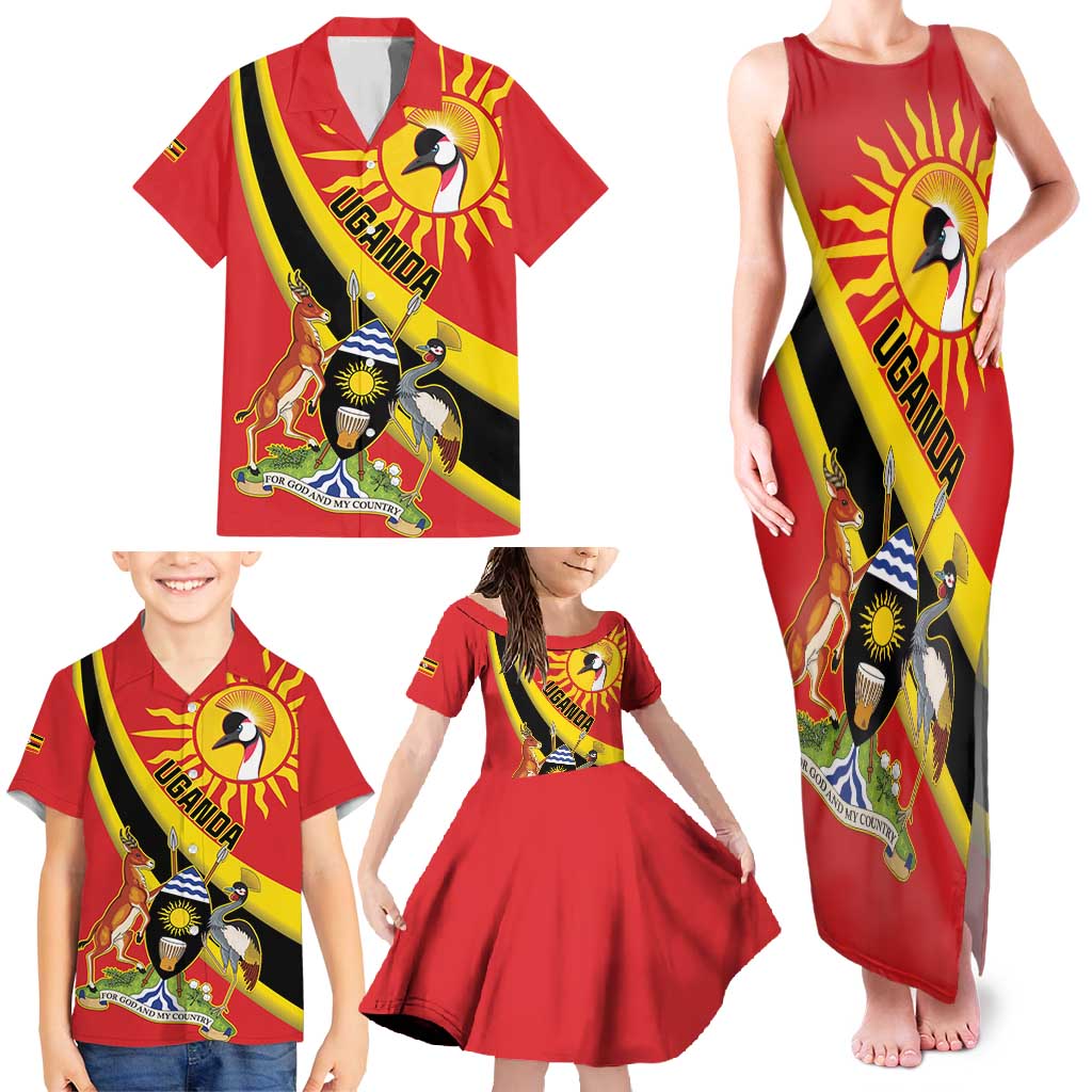 Personalized Uganda Family Matching Tank Maxi Dress and Hawaiian Shirt Black Crowned Crane With Coat Of Arms