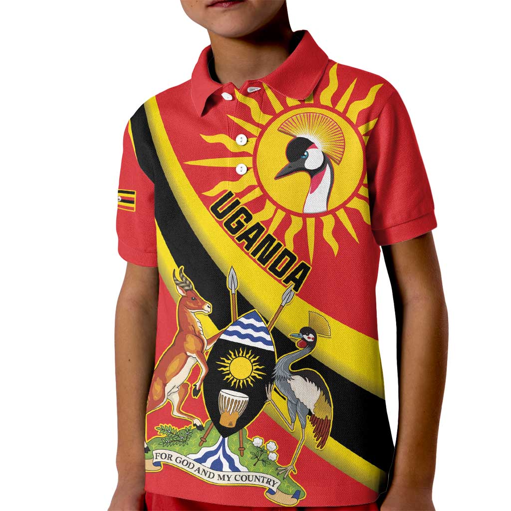 Personalized Uganda Kid Polo Shirt Black Crowned Crane With Coat Of Arms