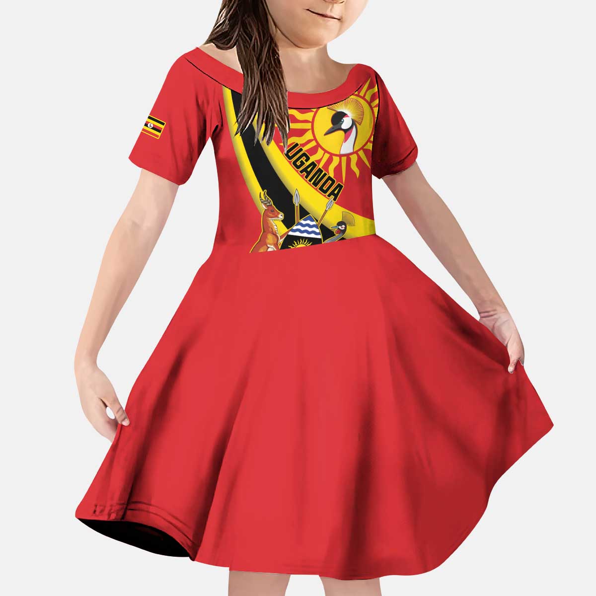 Personalized Uganda Kid Short Sleeve Dress Black Crowned Crane With Coat Of Arms