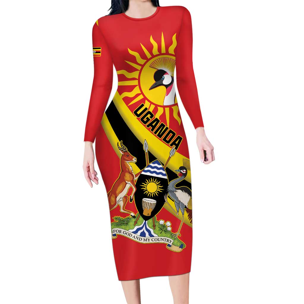 Personalized Uganda Long Sleeve Bodycon Dress Black Crowned Crane With Coat Of Arms