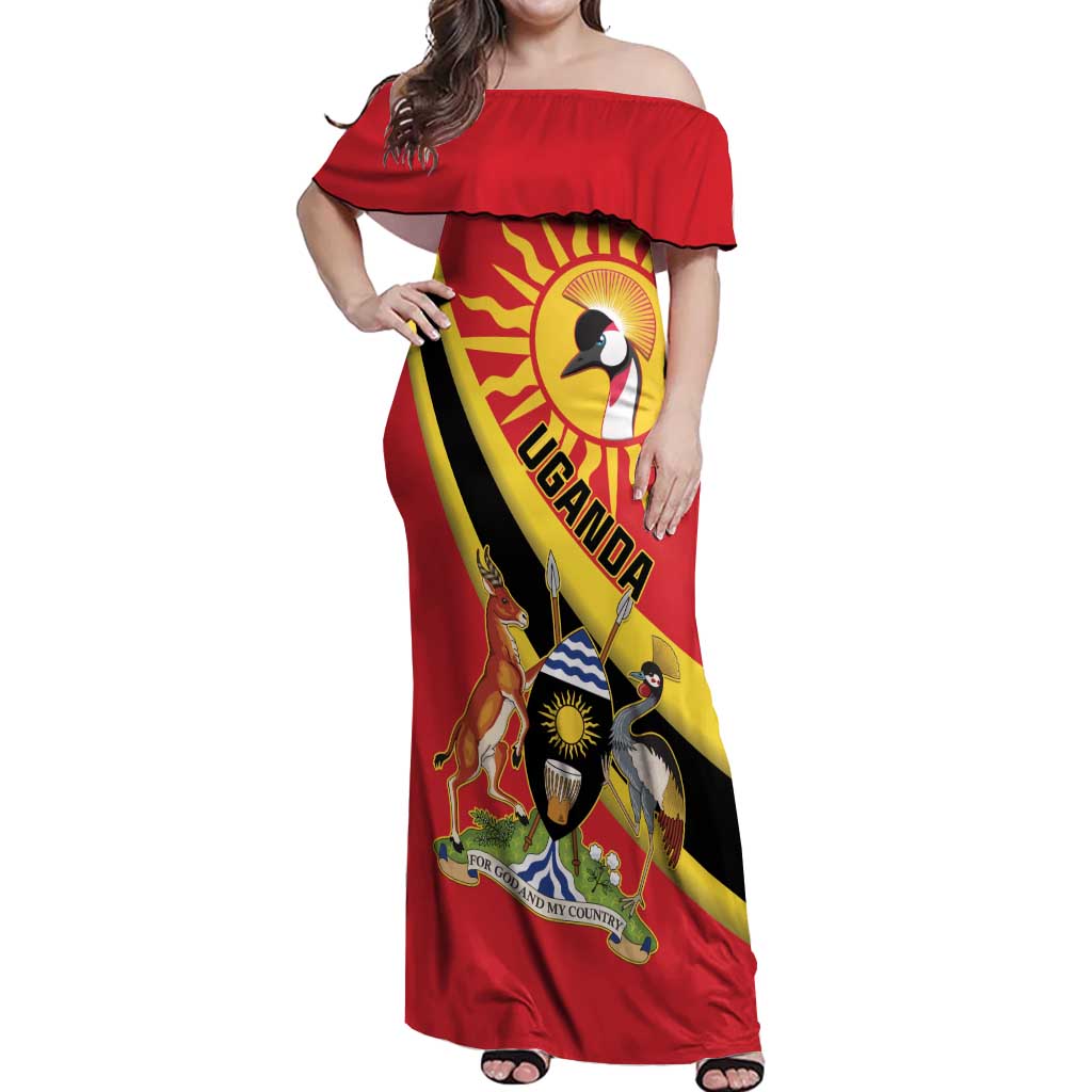 Personalized Uganda Off Shoulder Maxi Dress Black Crowned Crane With Coat Of Arms