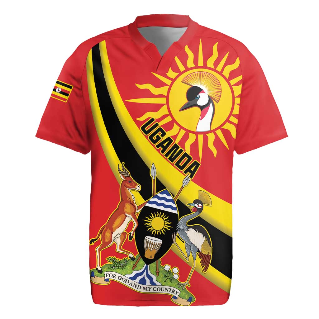 Personalized Uganda Rugby Jersey Black Crowned Crane With Coat Of Arms