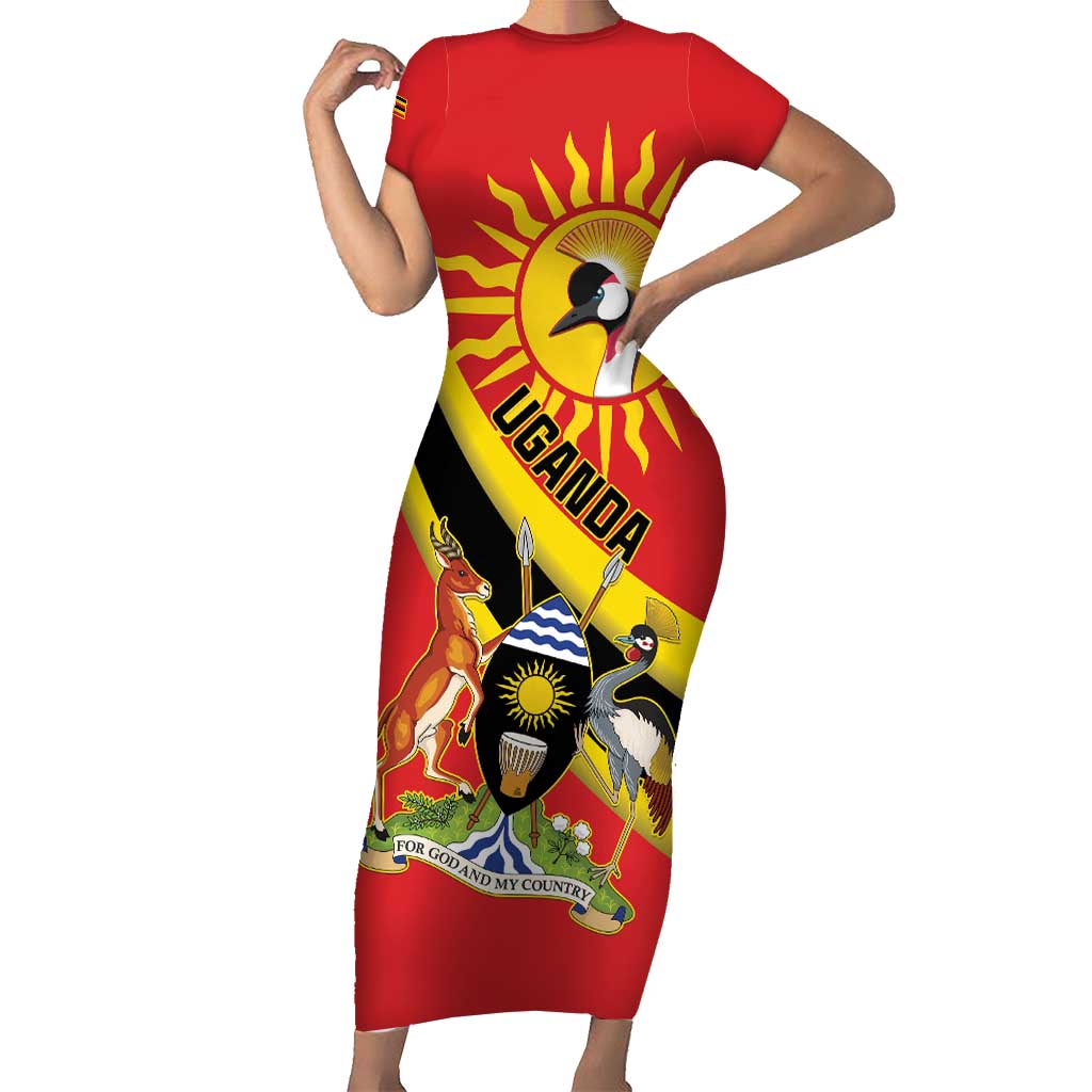 Personalized Uganda Short Sleeve Bodycon Dress Black Crowned Crane With Coat Of Arms