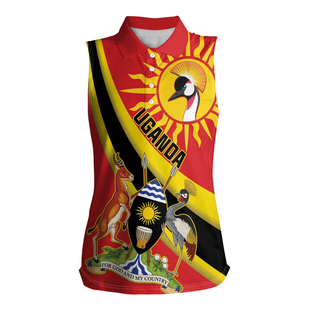 Personalized Uganda Women Sleeveless Polo Shirt Black Crowned Crane With Coat Of Arms