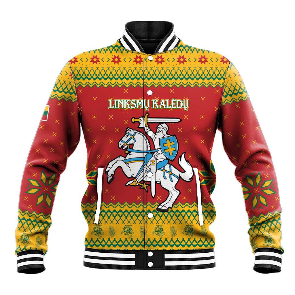 Unisex Lithuania-themed varsity jacket with red, yellow, green knit pattern and snap front