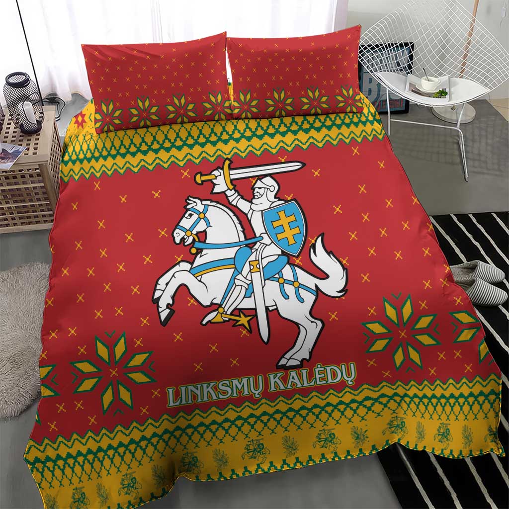 Christmas bedding set with red duvet cover and matching pillows featuring knight on horse