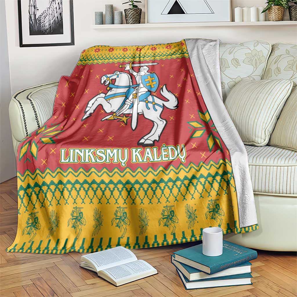 Lithuanian Christmas blanket with coat of arms knight on white horse, red and yellow pattern